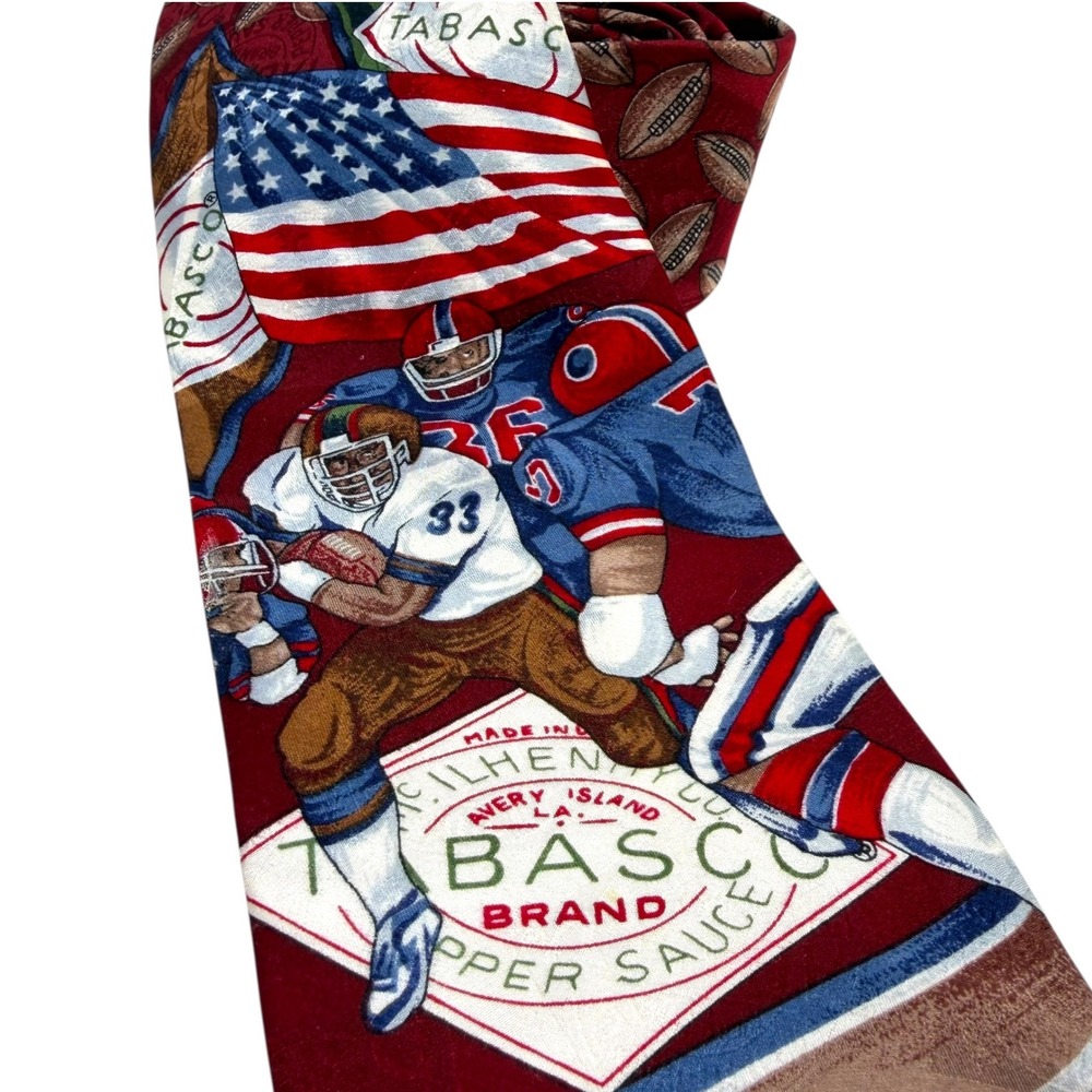 Vintage Tabasco Men's Silk‎ Necktie Football American Flag Burgundy Made in USA